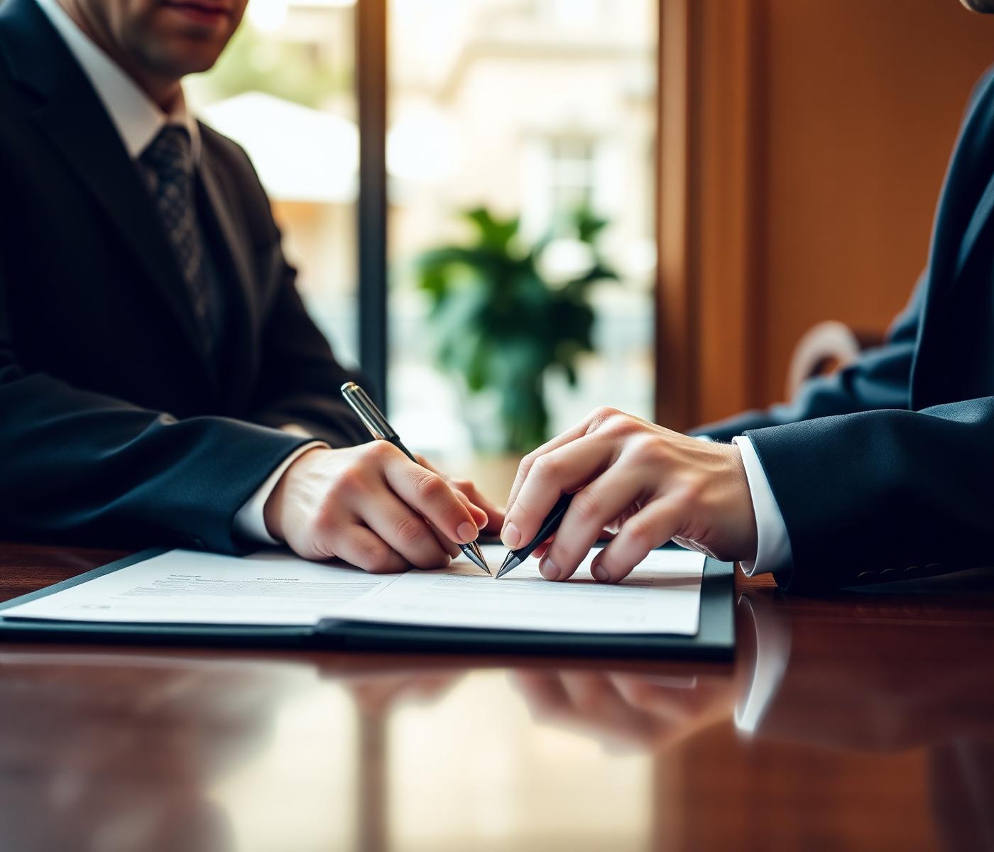 Executivos formalizando um contrato de cessão de direitos creditórios